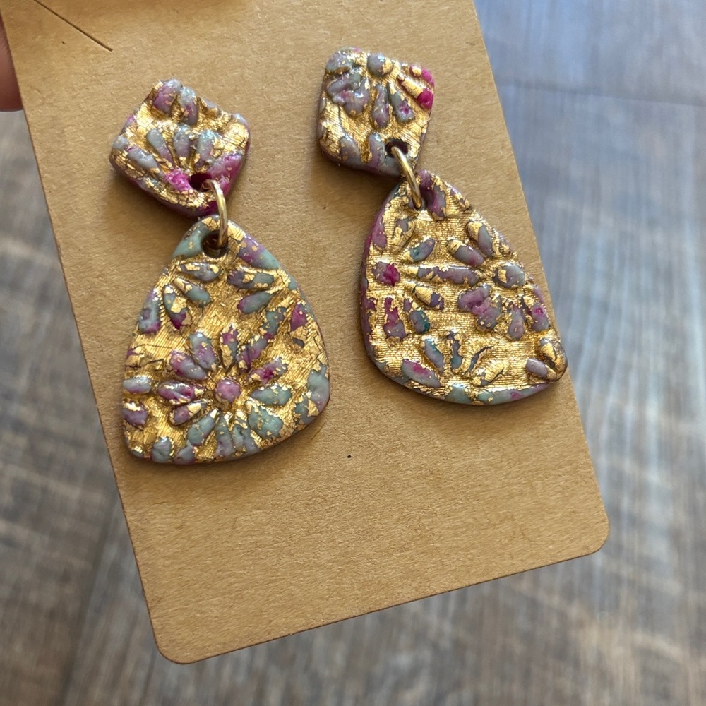 Purple and Blue Floral Drop Polymer Clay Earrings with Gold- Women’s Jewelry - Picture 2 of 5